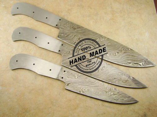 Lot Of 3 PCs Professional Kitchen Chef’s Knife Blank Blade Custom Handmade Damascus Steel Professional Kitchen Chef’s Knife With Stainless Steel Handle Damascus Blank Blade 1420