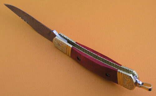 Back Lock Damascus Folding Knife Custom Handmade Damascus Steel Hunting Knife Damascus Folding Back Lock Knife With Colored Camel Bone Engraved Handle Leather Sheaths 1369 - Image 5