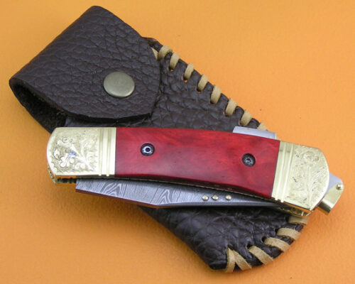 Back Lock Damascus Folding Knife Custom Handmade Damascus Steel Hunting Knife Damascus Folding Back Lock Knife With Colored Camel Bone Engraved Handle Leather Sheaths 1369 - Image 6