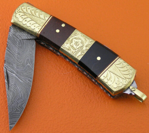 Back Lock Damascus Folding Knife Custom Handmade Damascus Steel Hunting Knife Damascus Folding Knife With Rose Wood Engraved Handle Leather Sheaths 1392 - Image 3