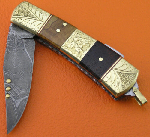 Back Lock Damascus Folding Knife Custom Handmade Damascus Steel Hunting Knife Best Damascus Folding Knife With Olive Wood Engraved Handle Leather Sheaths 1390 - Image 3