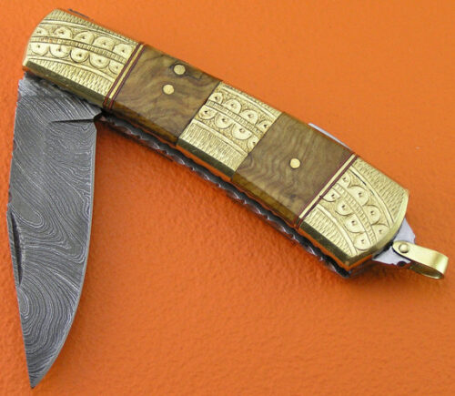 Back Lock Damascus Folding Knife Custom Handmade Damascus Steel Hunting Knife Damascus Folding Knife With Olive Wood Engraved Handle Leather Sheaths 1393 - Image 3