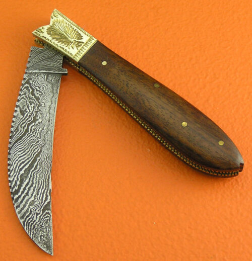 No Lock Damascus Folding Knife Custom Handmade Damascus Steel Hunting Knife Best Damascus Folding Knife With Rose Wood Engraved Handle Leather Sheaths 1394 - Image 4