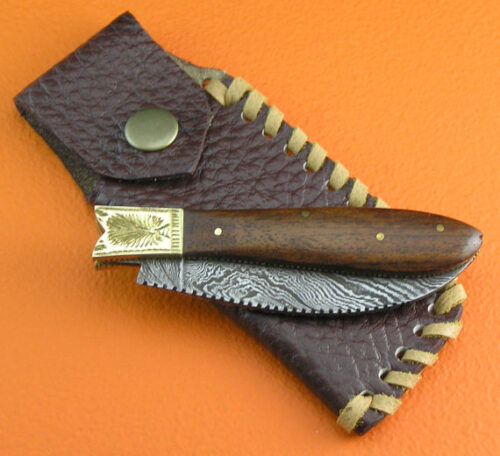 No Lock Damascus Folding Knife Custom Handmade Damascus Steel Hunting Knife Best Damascus Folding Knife With Rose Wood Engraved Handle Leather Sheaths 1394 - Image 2
