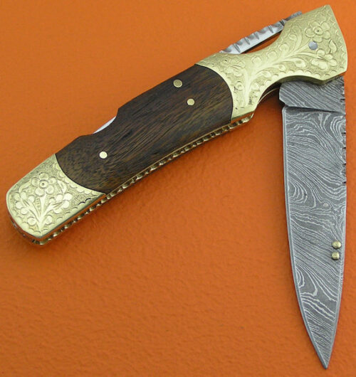 Back Lock Damascus Folding Knife Custom Handmade Damascus Steel Hunting Knife Best Damascus Folding Back Lock Knife With Engraved Rose Wood Handle Leather Sheaths 1398 - Image 3