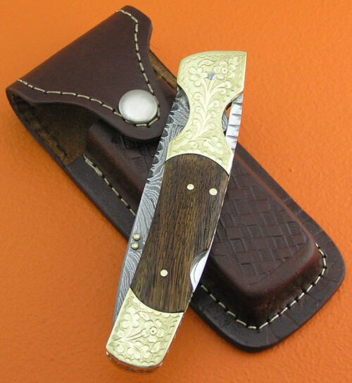 Back Lock Damascus Folding Knife Custom Handmade Damascus Steel Hunting Knife Best Damascus Folding Back Lock Knife With Engraved Rose Wood Handle Leather Sheaths 1398 - Image 6