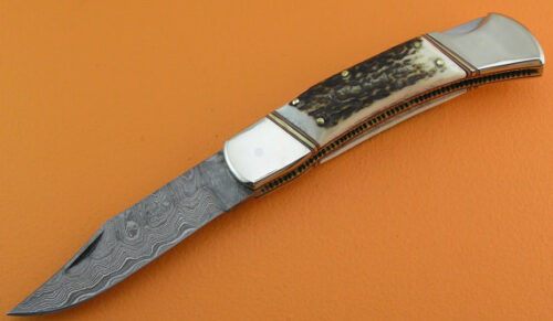 Back Lock Damascus Folding Knife Custom Handmade Damascus Steel Hunting Knife Professional Damascus Folding Knife With Stag Handle Leather Sheaths 1901