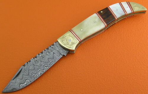 No Lock Damascus Folding Knife Custom Handmade Damascus Steel Hunting Knife Best Damascus Folding Knife With Engraved Pearl & Bone Handle Leather Sheaths 1904 - Image 2