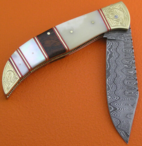 No Lock Damascus Folding Knife Custom Handmade Damascus Steel Hunting Knife Best Damascus Folding Knife With Engraved Pearl & Bone Handle Leather Sheaths 1904 - Image 3
