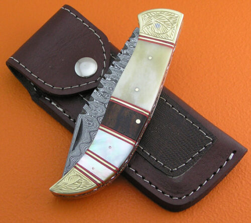 No Lock Damascus Folding Knife Custom Handmade Damascus Steel Hunting Knife Best Damascus Folding Knife With Engraved Pearl & Bone Handle Leather Sheaths 1904