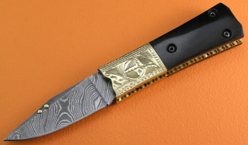No Lock Damascus Folding Knife Custom Handmade Damascus Steel Hunting Knife Best Damascus Folding Knife With Buffalo Horn Handle Leather Sheaths 1909