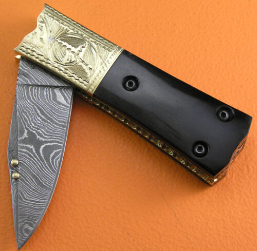 No Lock Damascus Folding Knife Custom Handmade Damascus Steel Hunting Knife Best Damascus Folding Knife With Buffalo Horn Handle Leather Sheaths 1909 - Image 2