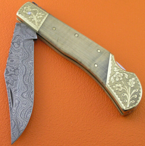 Back Lock Damascus Folding Knife Custom Handmade Damascus Steel Hunting Knife Damascus Folding Knife With Engraved Camel Bone Handle Leather Sheaths 1912 - Image 3