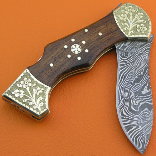 Back Lock Damascus Folding Knife Custom Handmade Damascus Steel Hunting Knife Damascus Folding Knife With Rose Wood Engraved Handle Leather Sheaths 1913 - Image 3