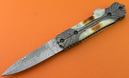 Back Lock Damascus Folding Knife Custom Handmade Damascus Steel Hunting Knife Damascus Folding Knife With Camel Bone Engraved Handle Leather Sheaths 1914