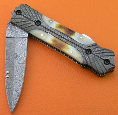 Back Lock Damascus Folding Knife Custom Handmade Damascus Steel Hunting Knife Damascus Folding Knife With Camel Bone Engraved Handle Leather Sheaths 1914 - Image 3