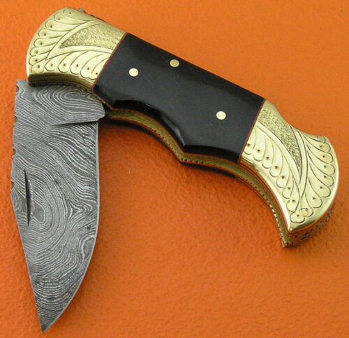 Back Lock Damascus Folding Knife Custom Handmade Damascus Steel Hunting Knife Damascus Folding Knife With Black Horn Engraved Handle Leather Sheaths 1917 - Image 3