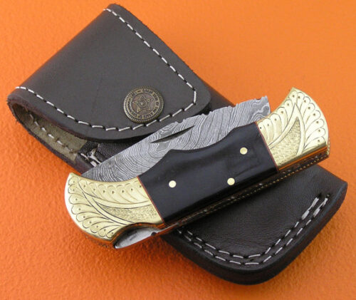 Back Lock Damascus Folding Knife Custom Handmade Damascus Steel Hunting Knife Damascus Folding Knife With Black Horn Engraved Handle Leather Sheaths 1917 - Image 6