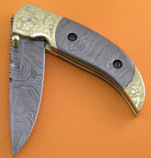Full Damascus Folding Liner Lock Knife Custom Handmade Damascus Steel Hunting Knife Damascus Folding Knife With Damascus Steel Engraved Handle Leather Sheaths 1918 - Image 3