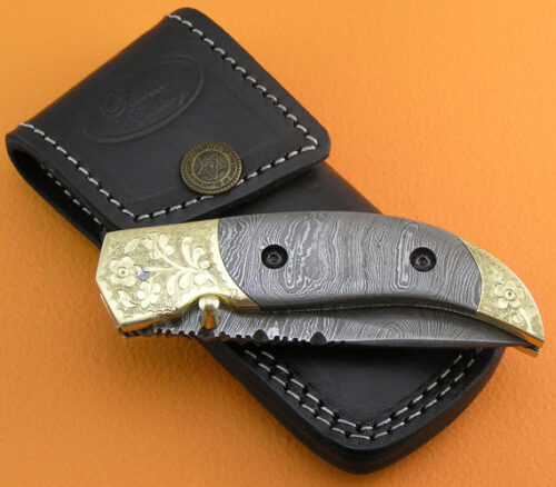 Full Damascus Folding Liner Lock Knife Custom Handmade Damascus Steel Hunting Knife Damascus Folding Knife With Damascus Steel Engraved Handle Leather Sheaths 1918 - Image 6