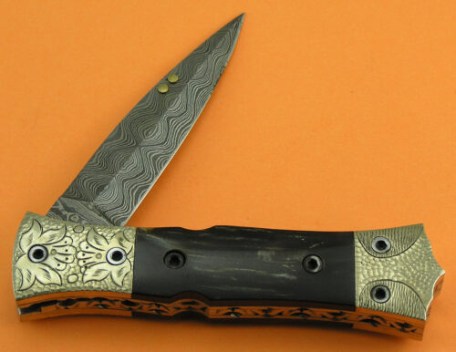 Engraved Damascus Folding Knife Custom Handmade Damascus Steel Hunting Knife Damascus Folding Knife No Lock With Black Horn Engraved Handle Leather Sheaths 1919 - Image 3