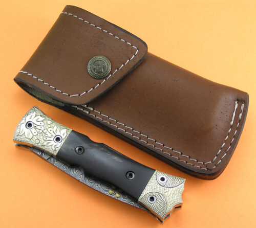 Engraved Damascus Folding Knife Custom Handmade Damascus Steel Hunting Knife Damascus Folding Knife No Lock With Black Horn Engraved Handle Leather Sheaths 1919 - Image 6