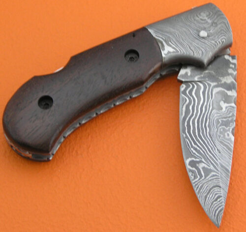 Back Lock Damascus Folding Knife Custom Handmade Damascus Steel Hunting Knife Regular Damascus Folding Knife With Rose Wood Handle Leather Sheaths 1360 - Image 3