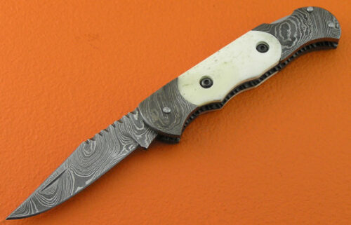 Back Lock Damascus Folding Knife Custom Handmade Damascus Steel Hunting Knife Damascus Folding Back Lock Knife With  Camel Bone Handle Leather Sheaths 1364