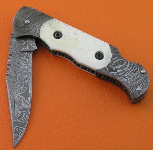 Back Lock Damascus Folding Knife Custom Handmade Damascus Steel Hunting Knife Damascus Folding Back Lock Knife With  Camel Bone Handle Leather Sheaths 1364 - Image 3