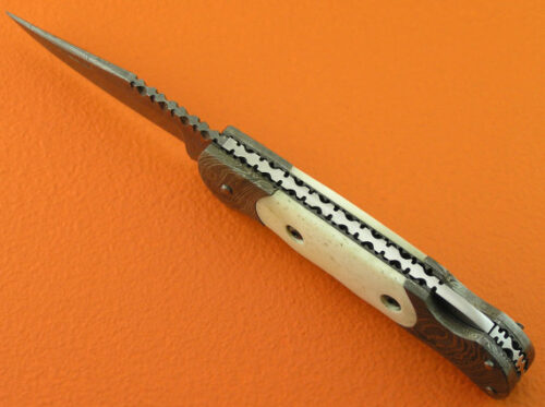 Back Lock Damascus Folding Knife Custom Handmade Damascus Steel Hunting Knife Damascus Folding Back Lock Knife With  Camel Bone Handle Leather Sheaths 1364 - Image 4
