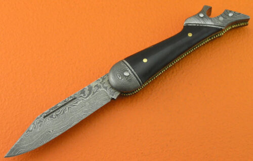Damascus Folding Knife Custom Handmade Damascus Steel Hunting Knife Damascus Folding No Lock Knife With Buffalo Horn Handle Leather Sheaths 1365