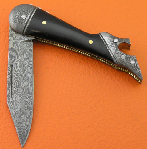 Damascus Folding Knife Custom Handmade Damascus Steel Hunting Knife Damascus Folding No Lock Knife With Buffalo Horn Handle Leather Sheaths 1365 - Image 3