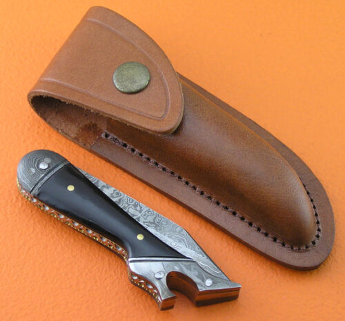Damascus Folding Knife Custom Handmade Damascus Steel Hunting Knife Damascus Folding No Lock Knife With Buffalo Horn Handle Leather Sheaths 1365 - Image 6