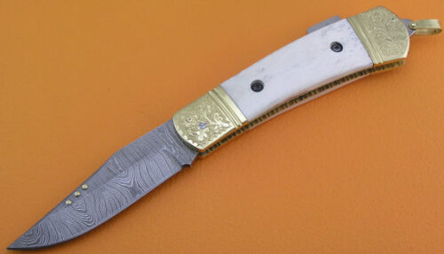 Back Lock Damascus Folding Knife Custom Handmade Damascus Steel Hunting Knife Damascus Folding Back Lock Knife With Camel Bone Engraved Handle Leather Sheaths 1368