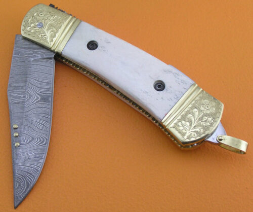 Back Lock Damascus Folding Knife Custom Handmade Damascus Steel Hunting Knife Damascus Folding Back Lock Knife With Camel Bone Engraved Handle Leather Sheaths 1368 - Image 3