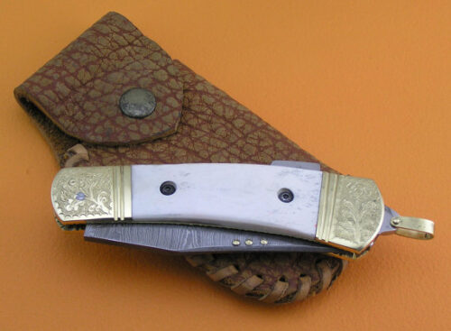 Back Lock Damascus Folding Knife Custom Handmade Damascus Steel Hunting Knife Damascus Folding Back Lock Knife With Camel Bone Engraved Handle Leather Sheaths 1368 - Image 6
