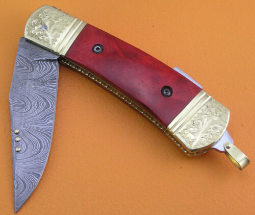 Back Lock Damascus Folding Knife Custom Handmade Damascus Steel Hunting Knife Damascus Folding Back Lock Knife With Colored Camel Bone Engraved Handle Leather Sheaths 1369 - Image 3