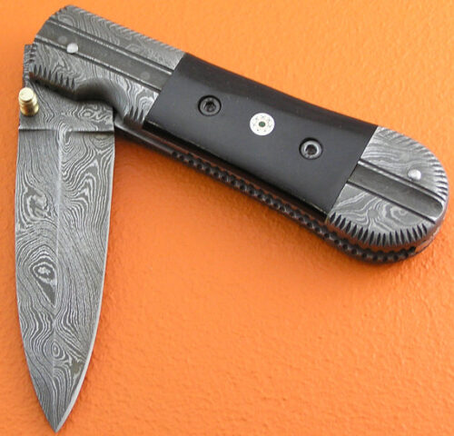 Damascus Folding Liner Lock Knife Custom Handmade Damascus Steel Hunting Knife Best Damascus Folding Knife With Buffalo Horn Handle Leather Sheaths 1347 - Image 3