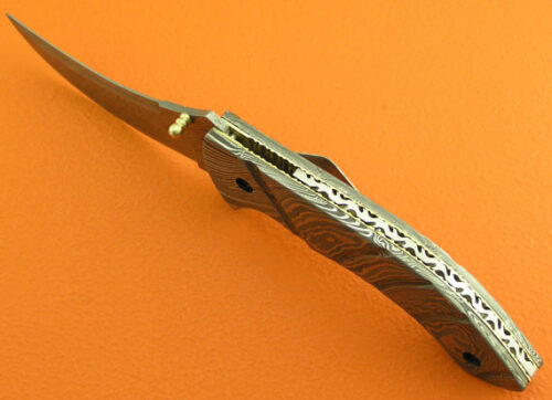 Full Damascus Folding Knife Custom Handmade Damascus Steel Hunting Knife Full Damascus Folding Liner Lock Knife With Leather Sheaths 1354 - Image 4