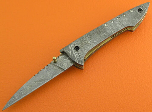 Full Damascus Folding Knife Custom Handmade Damascus Steel Hunting Knife Full Damascus Folding Liner Lock Knife With Leather Sheaths 1357