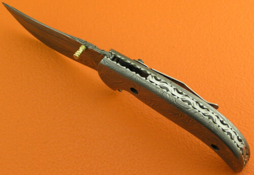 Full Damascus Folding Knife Custom Handmade Damascus Steel Hunting Knife Full Damascus Folding Liner Lock Knife With Leather Sheaths 1359 - Image 4