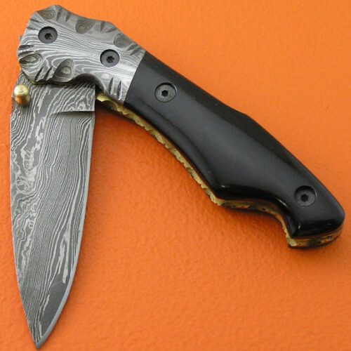 Damascus Folding Liner Lock Custom Handmade Damascus Steel Hunting Knife Best Damascus Folding Knife With Buffalo Horn Handle Leather Sheaths 1361 - Image 3