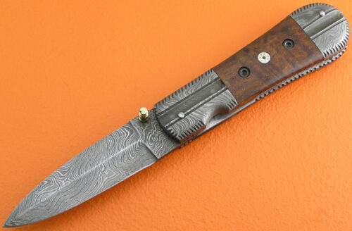 Damascus Folding Liner Lock Knife Custom Handmade Damascus Steel Hunting Knife Best Damascus Folding Knife With Rose Wood Handle Leather Sheaths 1362