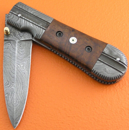 Damascus Folding Liner Lock Knife Custom Handmade Damascus Steel Hunting Knife Best Damascus Folding Knife With Rose Wood Handle Leather Sheaths 1362 - Image 3