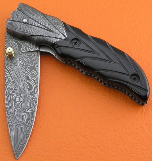 Damascus Folding Liner Lock Knife Custom Handmade Damascus Steel Hunting Knife Best Damascus Folding Knife With Buffalo Horn Engraved Handle Leather Sheaths 1363 - Image 3