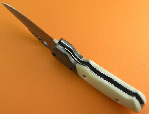 Liner Lock Damascus Folding Knife Custom Handmade Damascus Steel Hunting Knife Damascus Folding Liner Lock Knife With Camel Bone Handle Leather Sheaths 1370 - Image 5