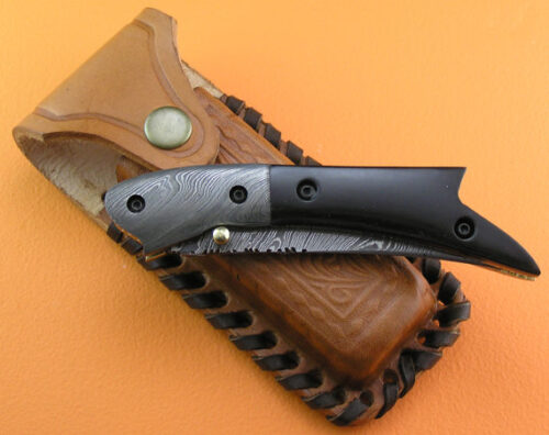 Liner Lock Damascus Folding Knife Custom Handmade Damascus Steel Hunting Knife Damascus Folding Liner Lock Knife With Buffalo Horn Handle Leather Sheaths 1371 - Image 6