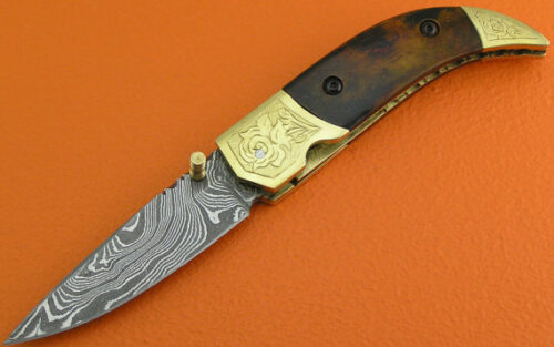 Liner Lock Damascus Folding Knife Custom Handmade Damascus Steel Hunting Knife Damascus Folding Liner Lock Knife With Rose Wood Handle Leather Sheaths 1377