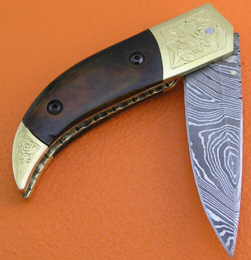 Liner Lock Damascus Folding Knife Custom Handmade Damascus Steel Hunting Knife Damascus Folding Liner Lock Knife With Rose Wood Handle Leather Sheaths 1377 - Image 3