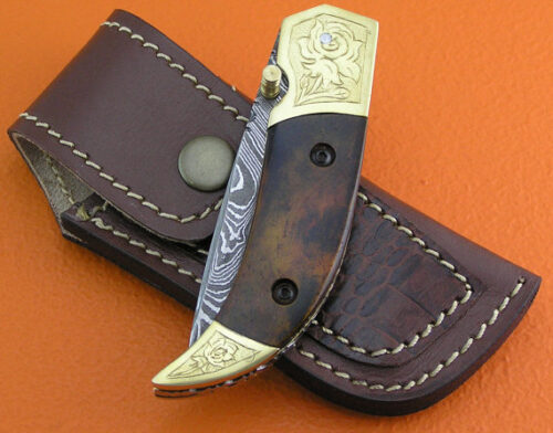 Liner Lock Damascus Folding Knife Custom Handmade Damascus Steel Hunting Knife Damascus Folding Liner Lock Knife With Rose Wood Handle Leather Sheaths 1377 - Image 6